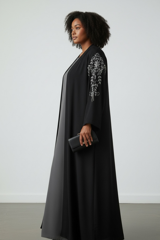Elegant black stone abaya with crystal floral sleeve detailing side view
