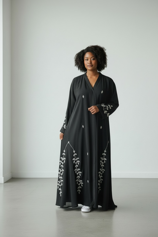 Black abaya with silver floral crystal stone embellishment front view
