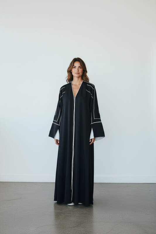 Black geometric crystal stone abaya front view luxury modest fashion