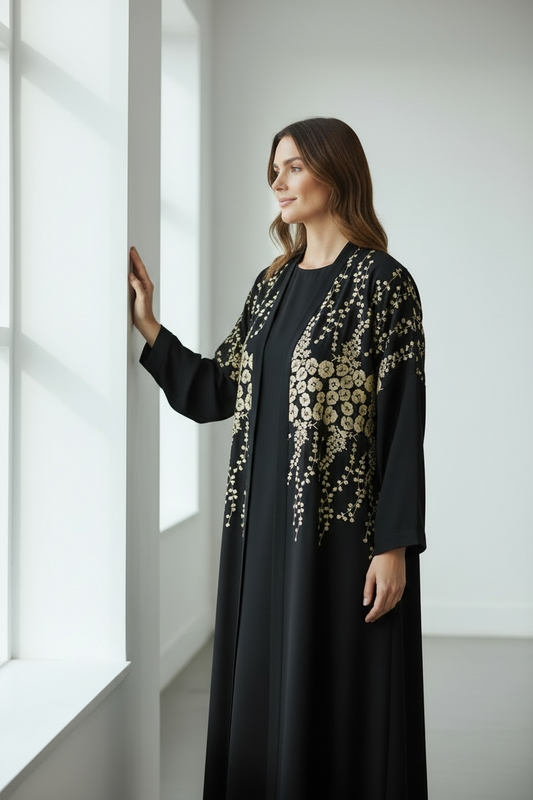 Elegant black abaya with cascading gold floral embroidery modest fashion side view
