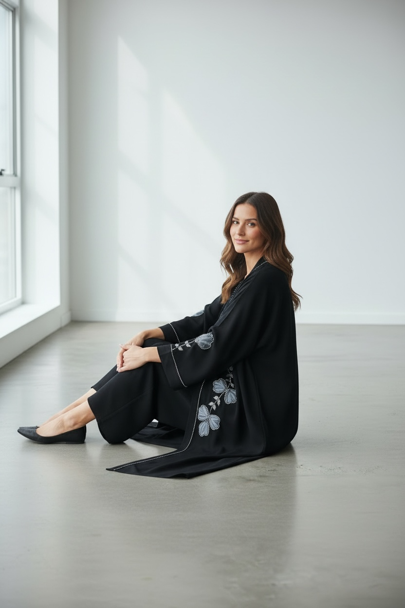 Elegant black abaya with puffy net floral appliqué and black stone embellishments seated model view