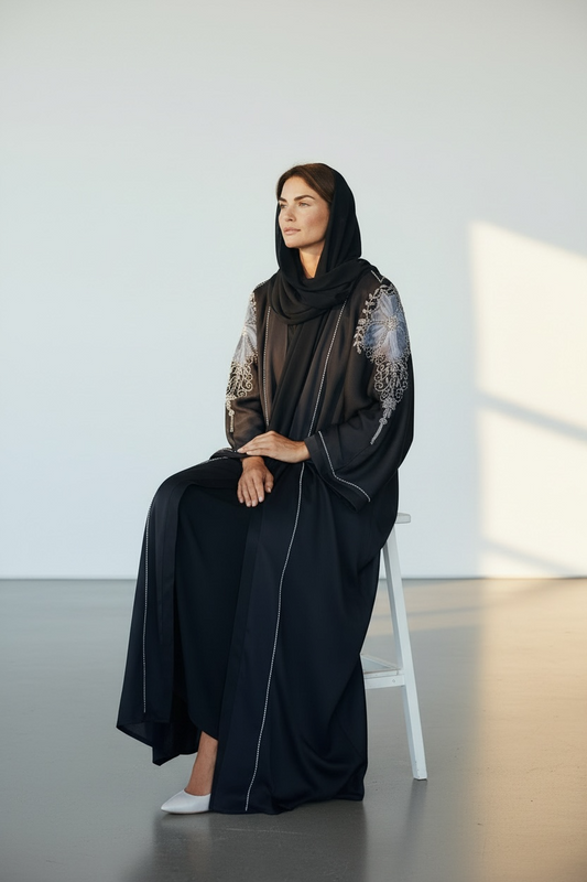 Elegant black modest abaya with stone embellished sleeves and puffy net detailing seated view