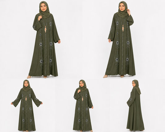Product gallery of the Celeste Stone Open Abaya in Olive Green showing front, side and detail views with elegant stone embellishments by Simply Zida.