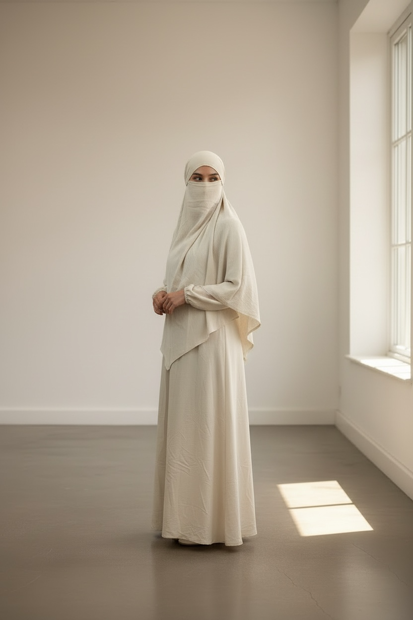 Model wearing sand coloured 2 piece jilbab set with flowing khimar and maxi skirt
