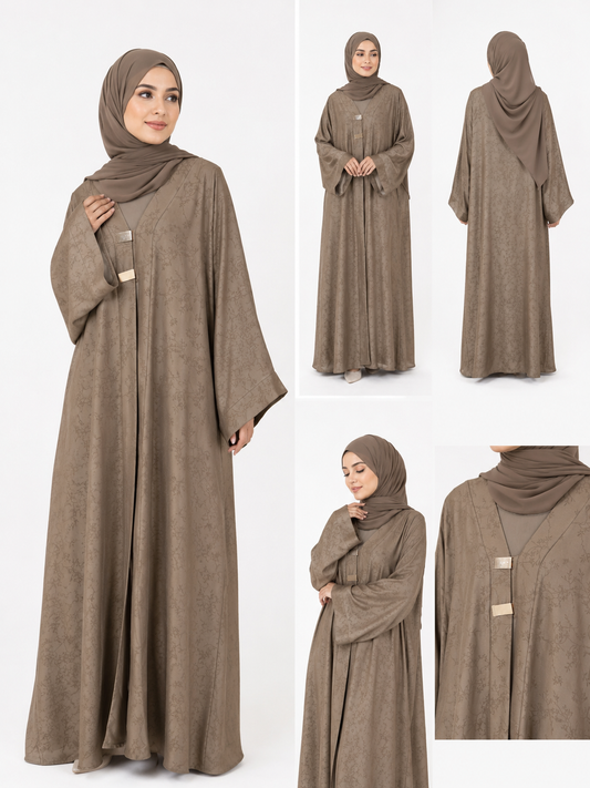 Collage showcasing the Floral Jacquard Open Abaya in Taupe with front view, back view, close-up details and decorative front clasp fastening by Simply Zida.