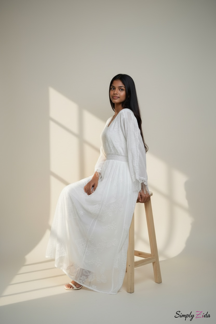 Elegant white occasion abaya with sheer embroidered sleeves