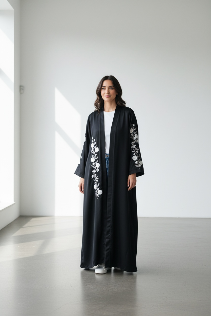 Luxury black open abaya with white floral embroidery modest fashion