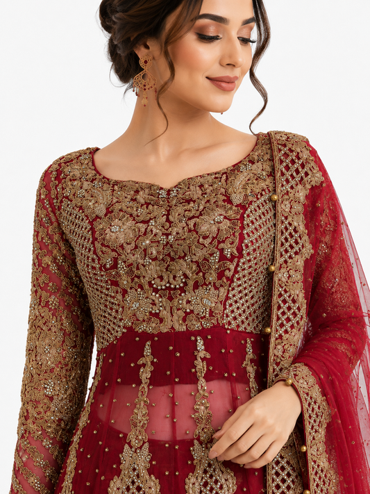 Close-up of maroon Anarkali bridal dress with intricate gold embroidery