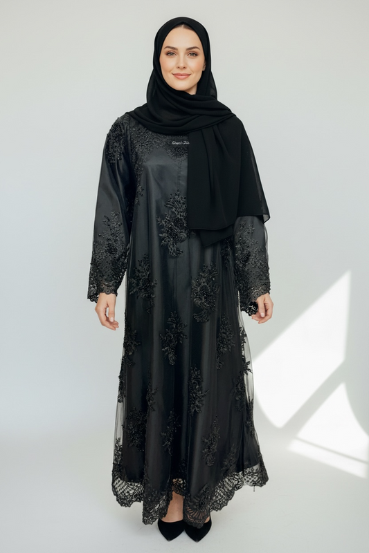 Black lace and rhinestone embellished abaya with full length modest design