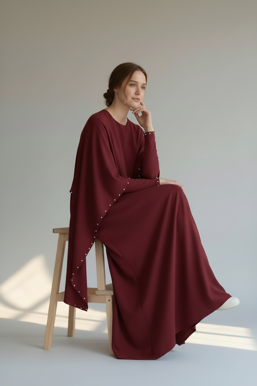Burgundy modest abaya with pearl detailing along cape edges