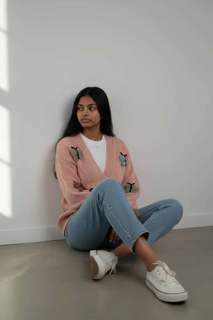 Butterfly appliqué knit cardigan modest style Simply Zida