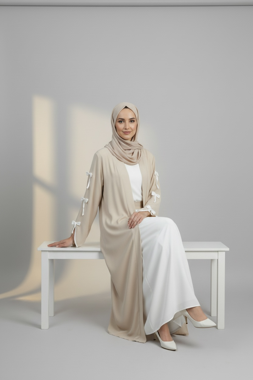 Seated view of Celeste Bow Detail Open Abaya by Simply Zida with inner dress