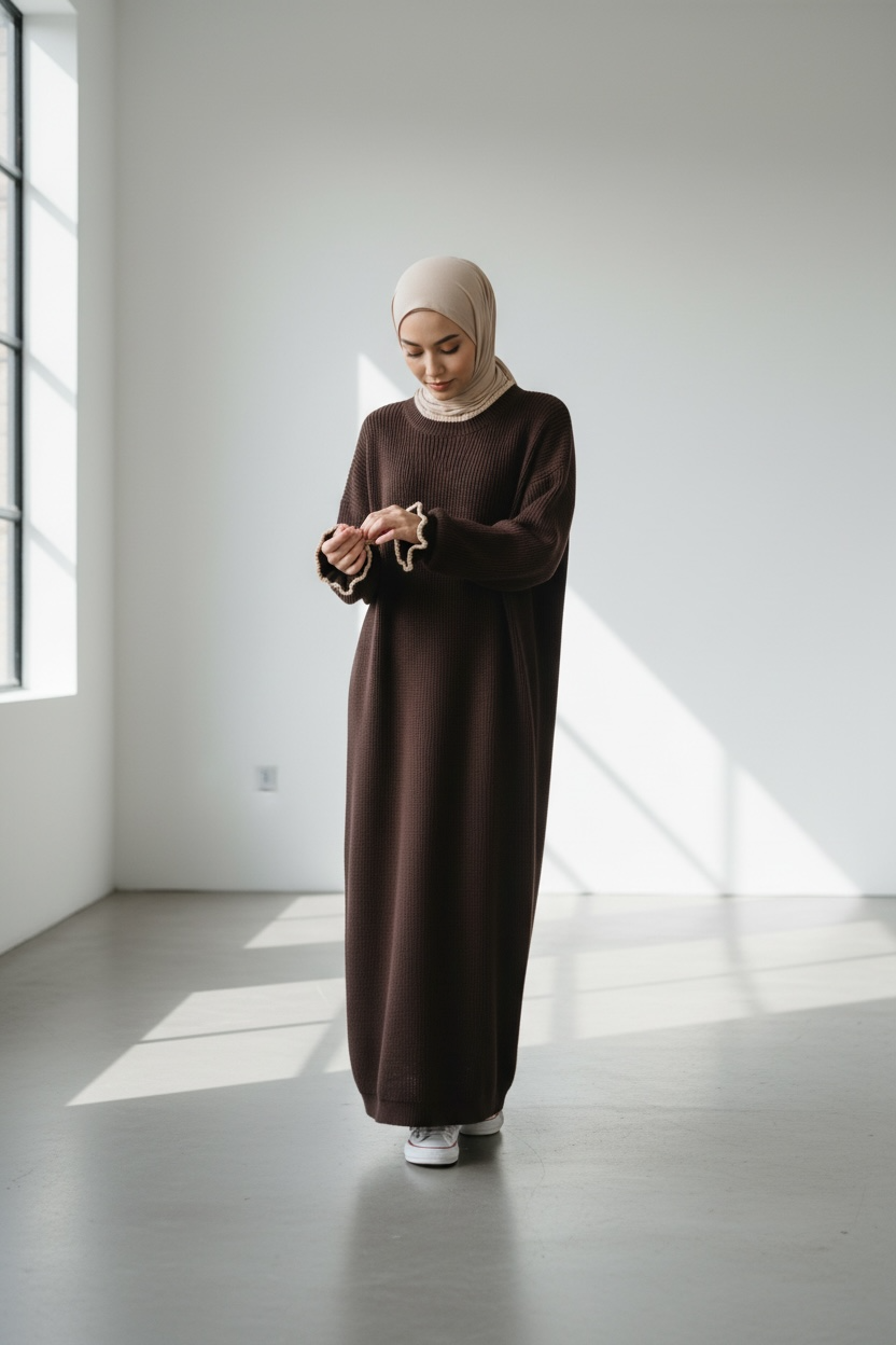 Chocolate ribbed knit modest dress by Simply Zida full length view