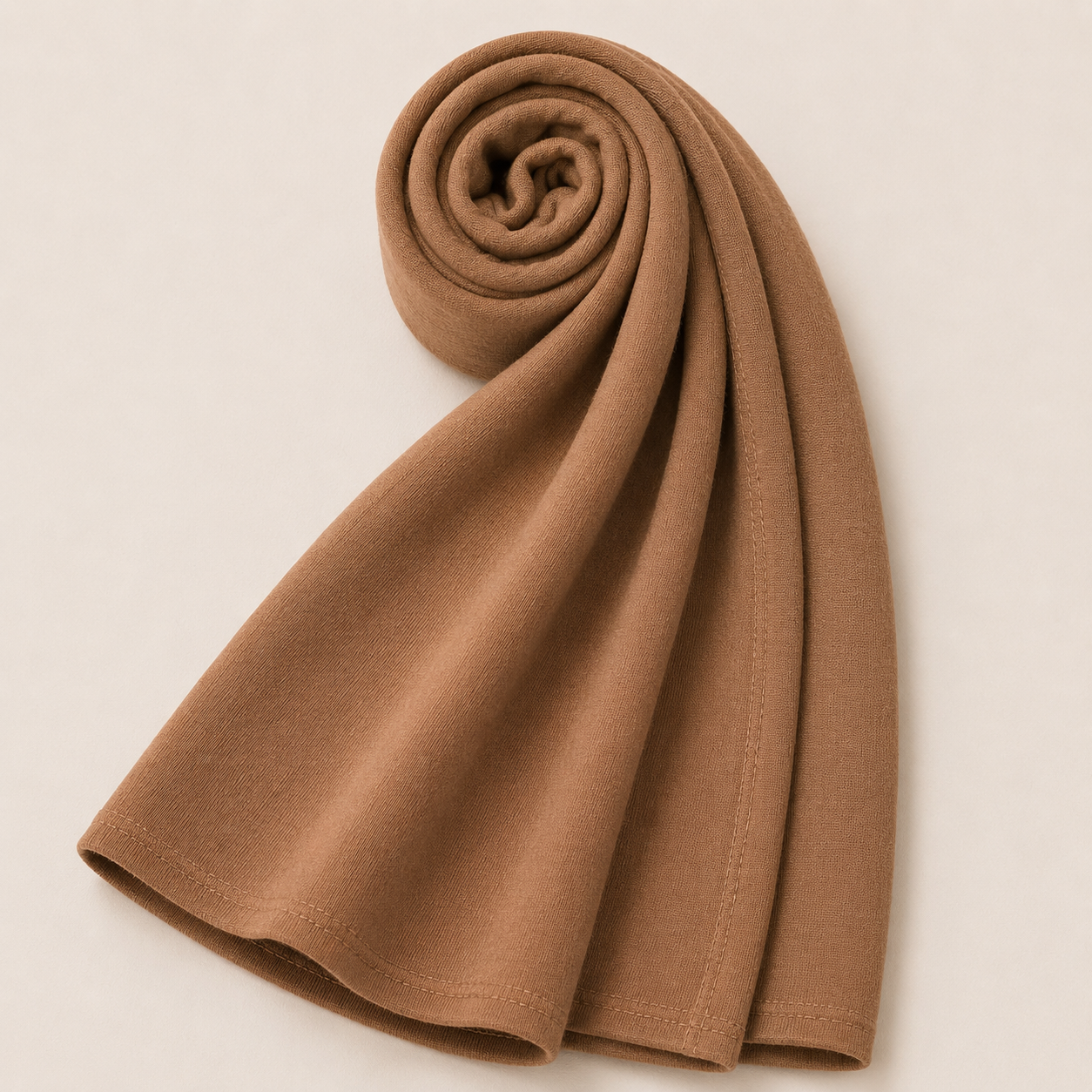 Premium caramel brown jersey hijab with soft stretch fabric and stitched edge detailing by Simply Zida