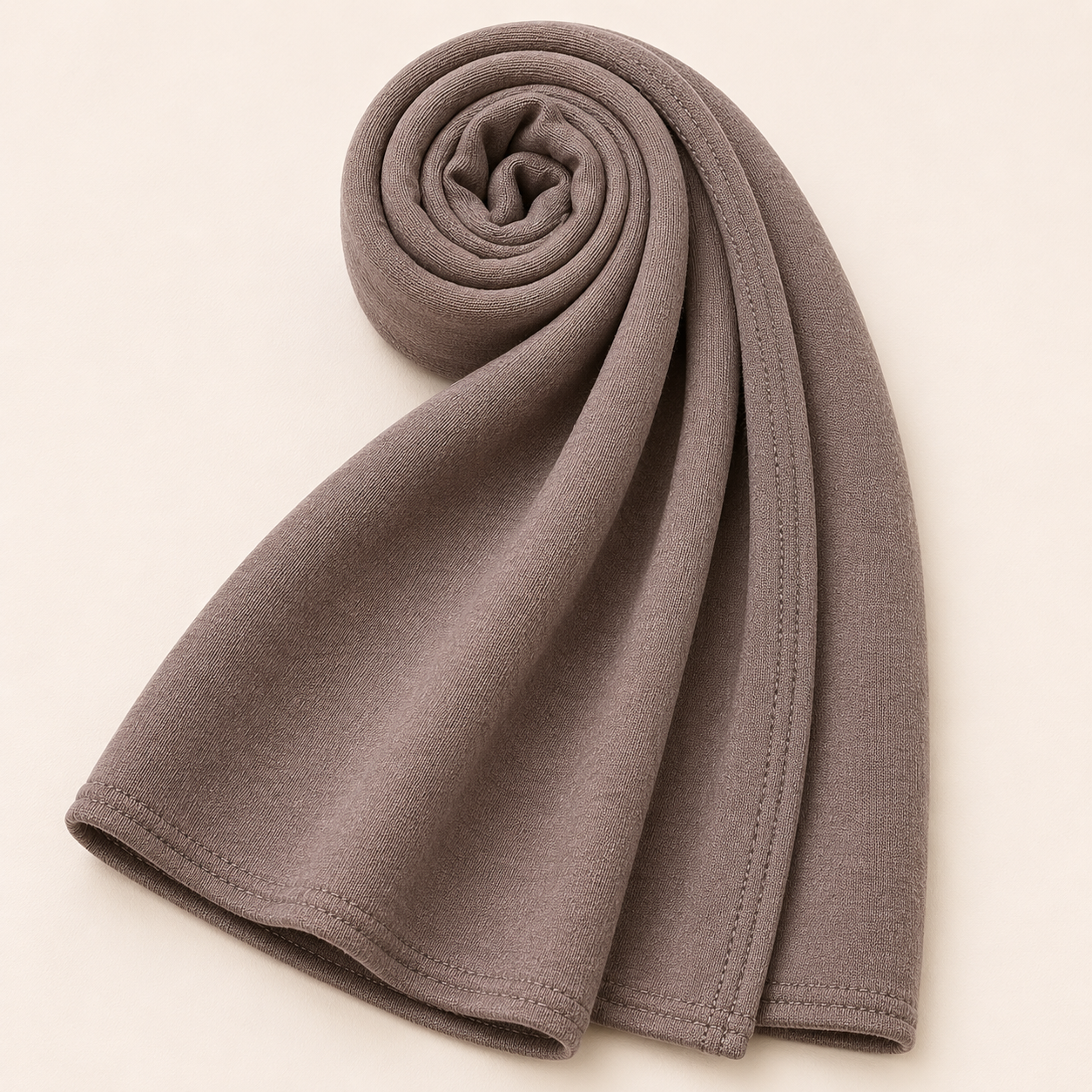 Premium mink taupe jersey hijab with soft stretch fabric and stitched edge detailing by Simply Zida