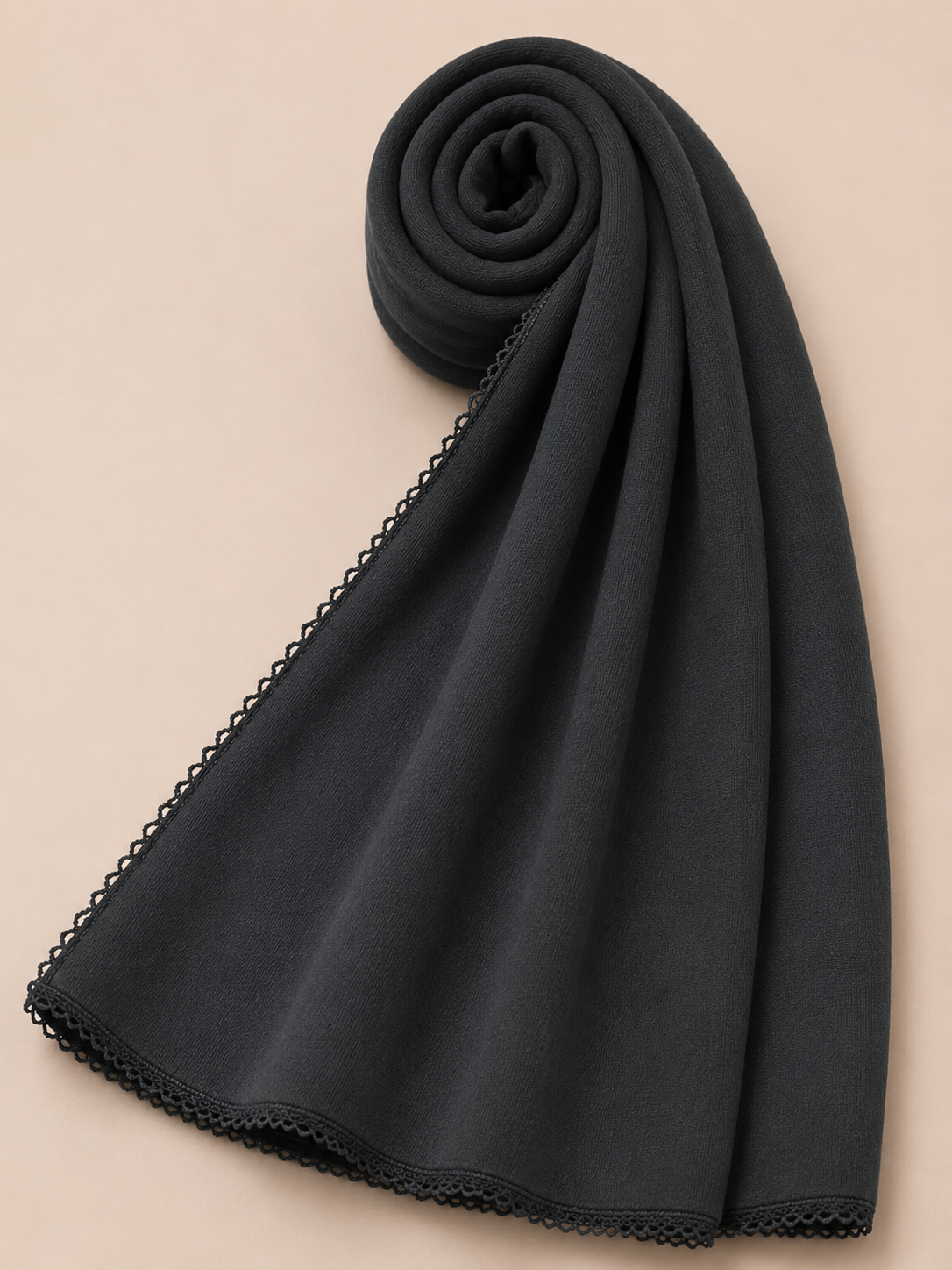 Premium black lace edge jersey hijab with soft stretch fabric and delicate lace trim detailing by Simply Zida