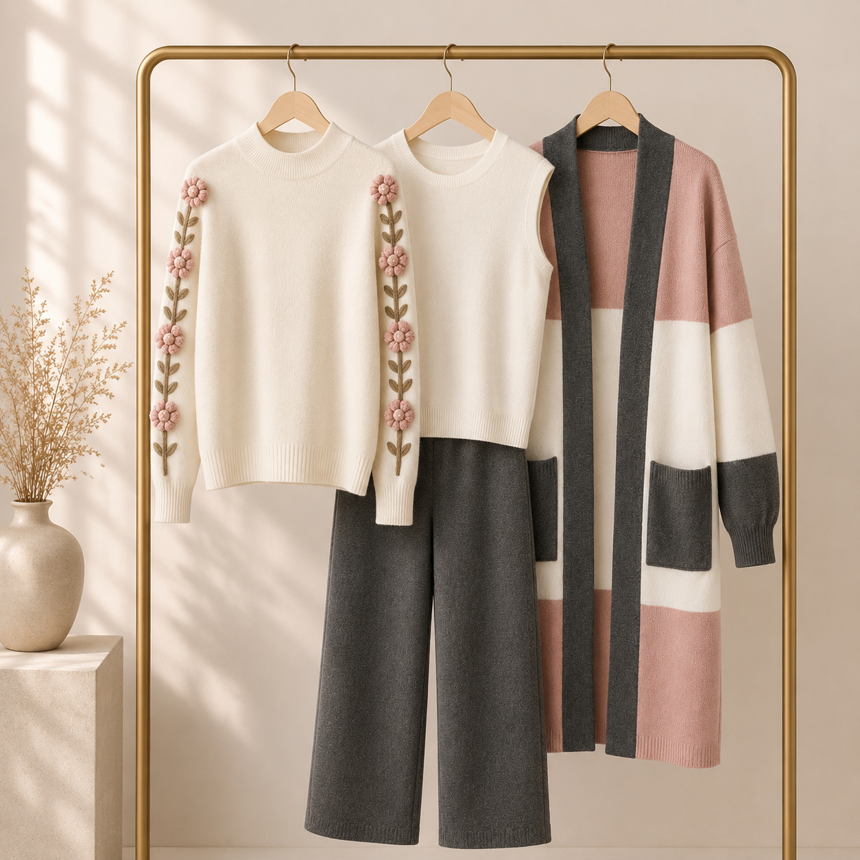 Neutral toned knitwear collection displayed on hangers in a minimalist fashion studio for Simply Zida