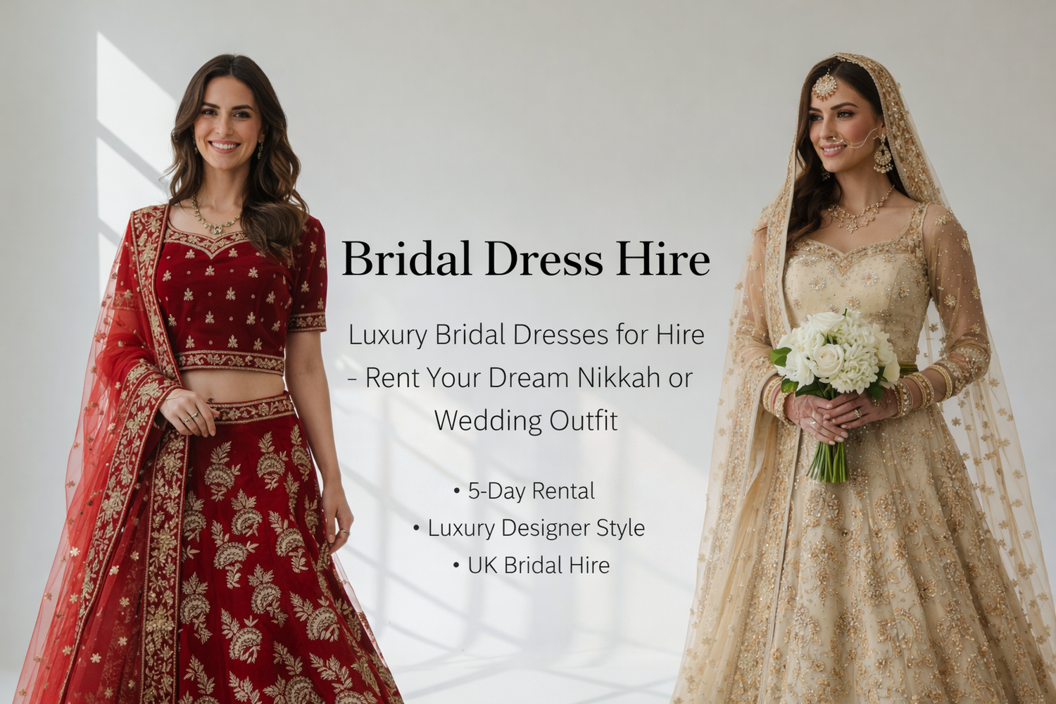 Luxury bridal dress hire collection featuring red and champagne embroidered wedding lehengas for rent in the UK – 5 day bridal outfit rental by Simply Zida