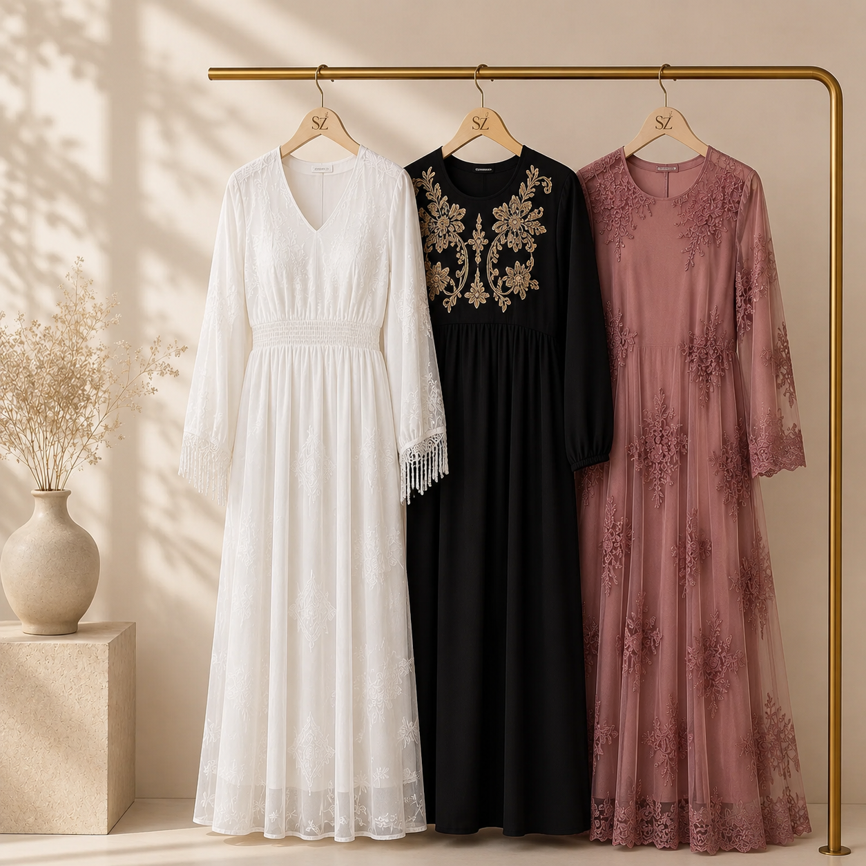 Luxury modest dresses by Simply Zida featuring elegant embroidered maxi dresses for weddings, Eid and everyday wear in the UK