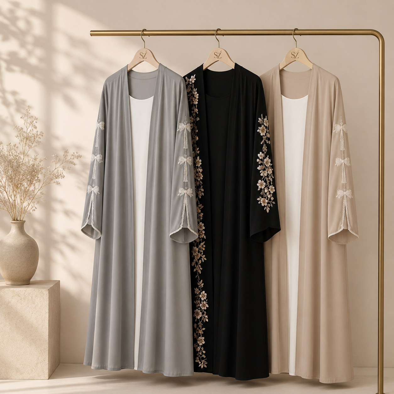 Elegant Simply Zida abaya collection displayed on hangers in a minimalist neutral fashion studio