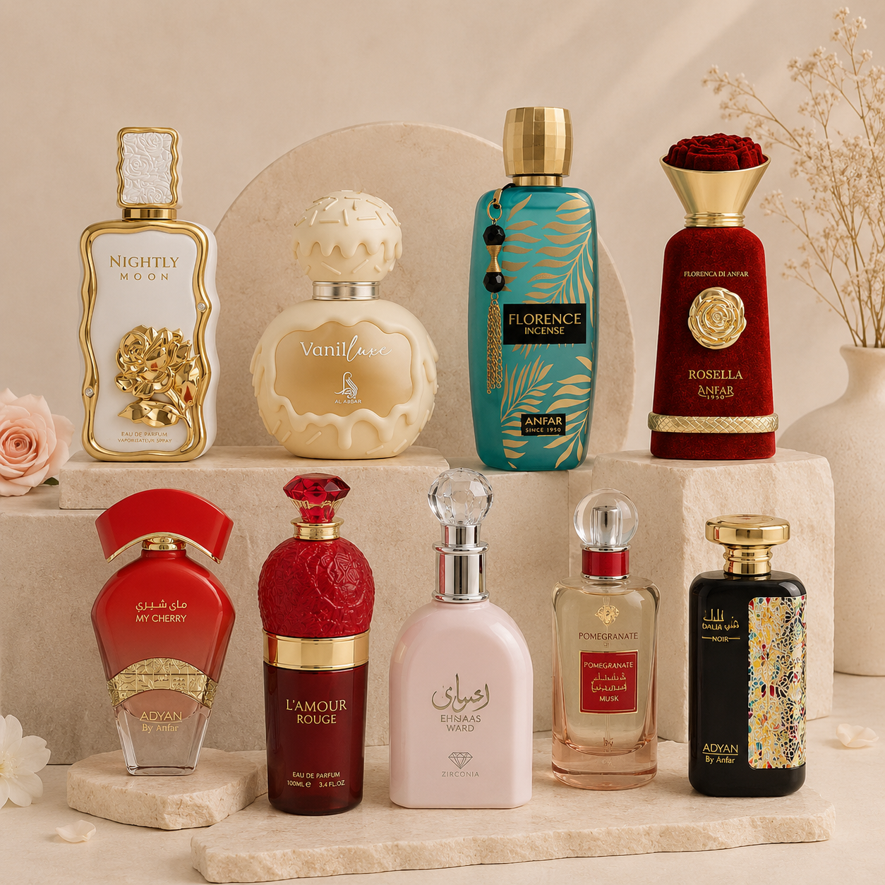 Elegant women’s perfume collection displayed in a luxury minimalist studio setting for Simply Zida