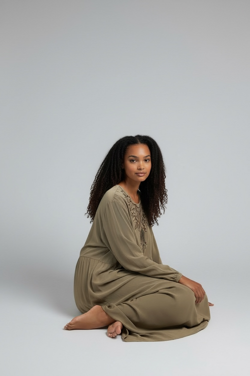 Olive taupe embroidered modest maxi dress with long sleeves
