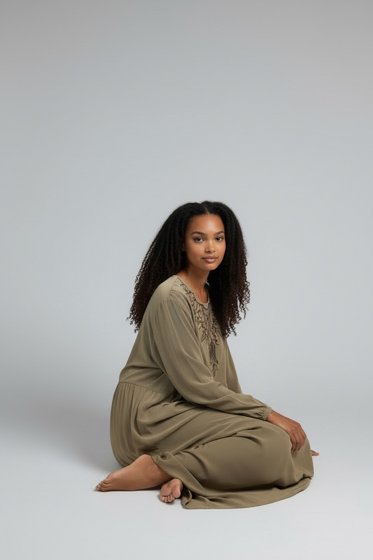 Olive taupe embroidered modest maxi dress with long sleeves
