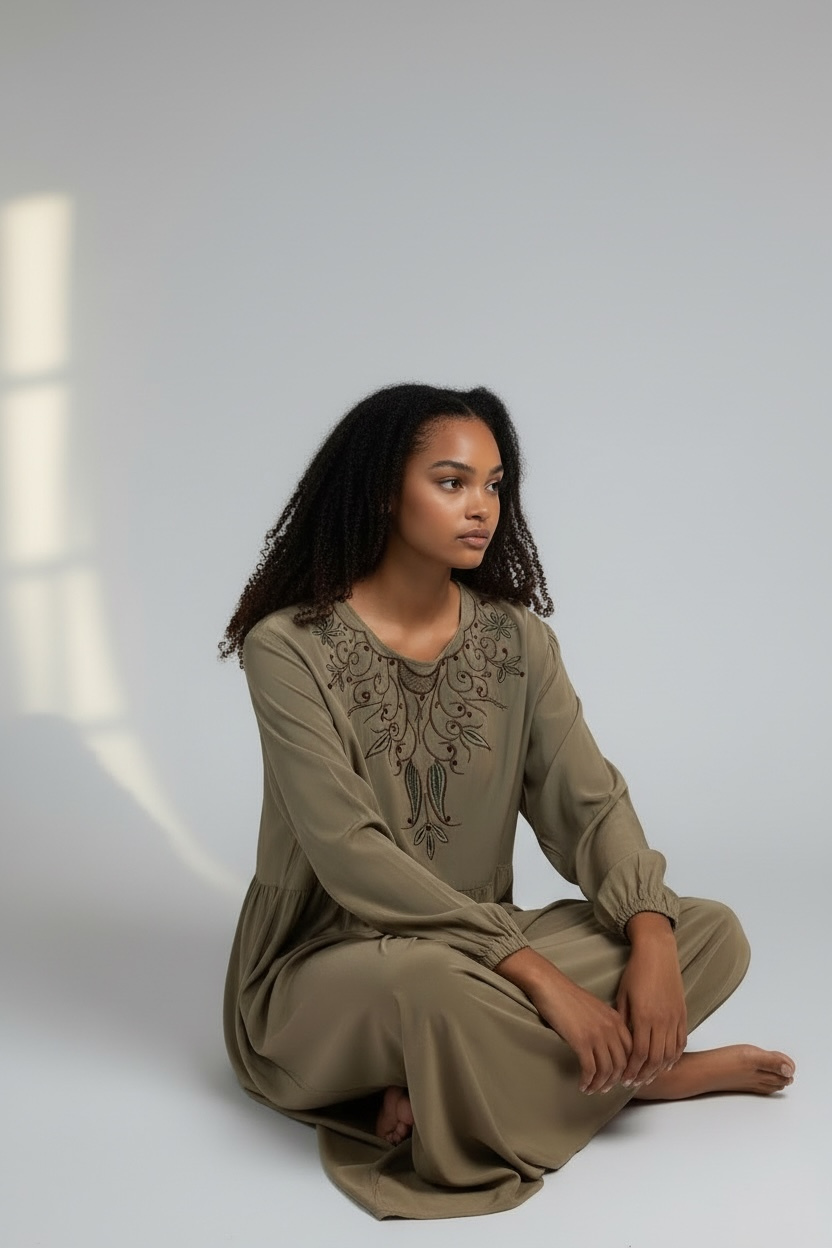 Full length olive taupe modest dress with embroidered neckline
