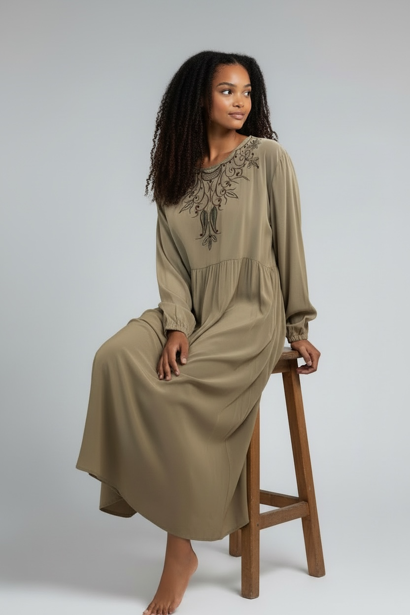 Olive taupe long sleeve modest dress with relaxed fit