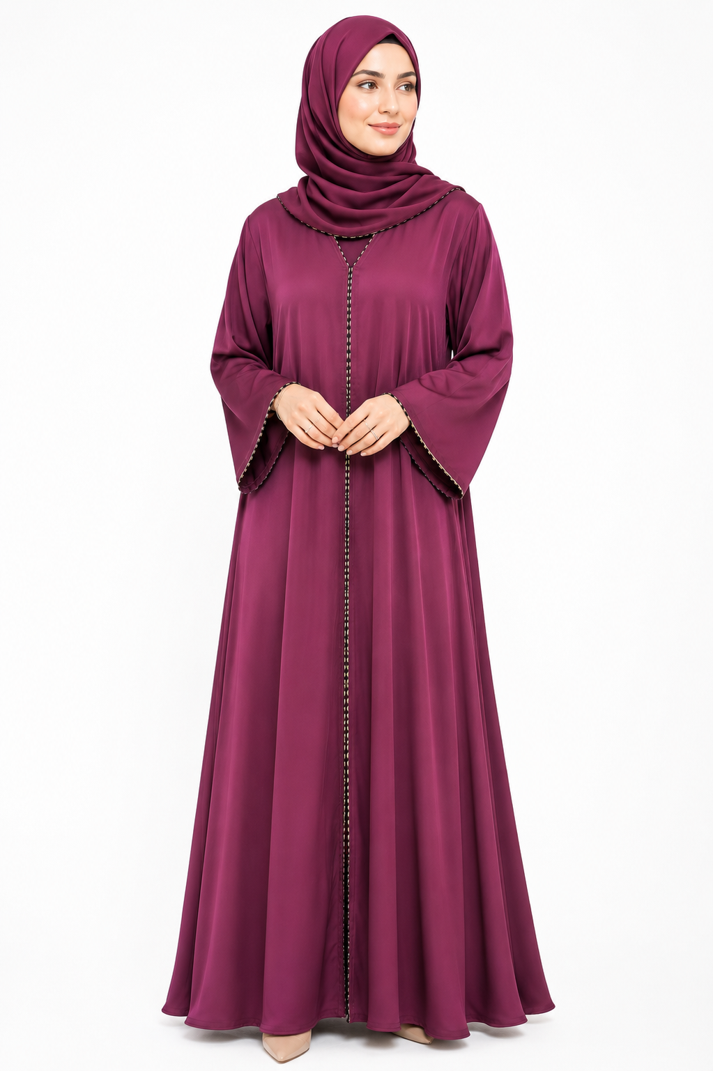 Model wearing the Amara Closed Abaya in Plum featuring elegant contrast trim and wide sleeves by Simply Zida.