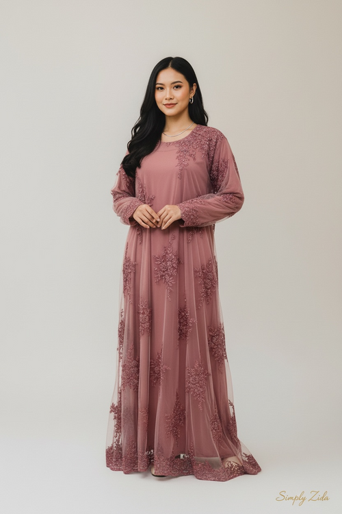Dusty rose lace embroidered abaya with full length modest design
