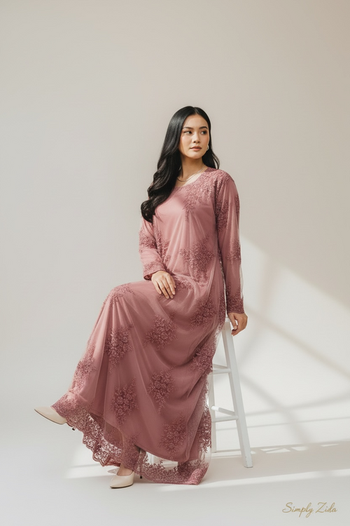 Elegant dusty rose occasion abaya with floral lace detailing