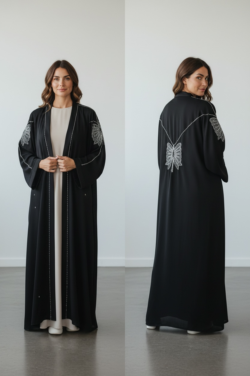 Black abaya with crystal stone sleeve embellishments and front panel detailing front view