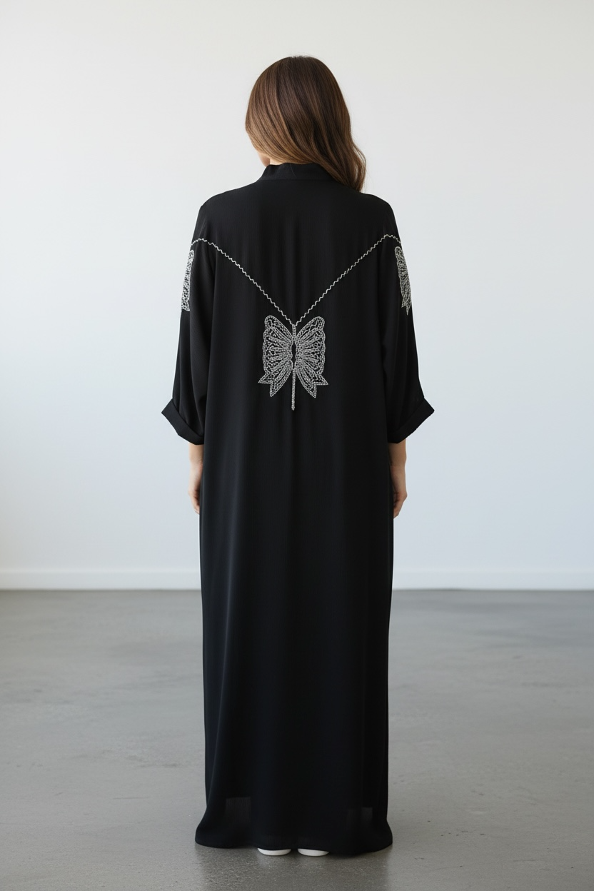 Luxury black abaya with large butterfly crystal stone design on the back rear view