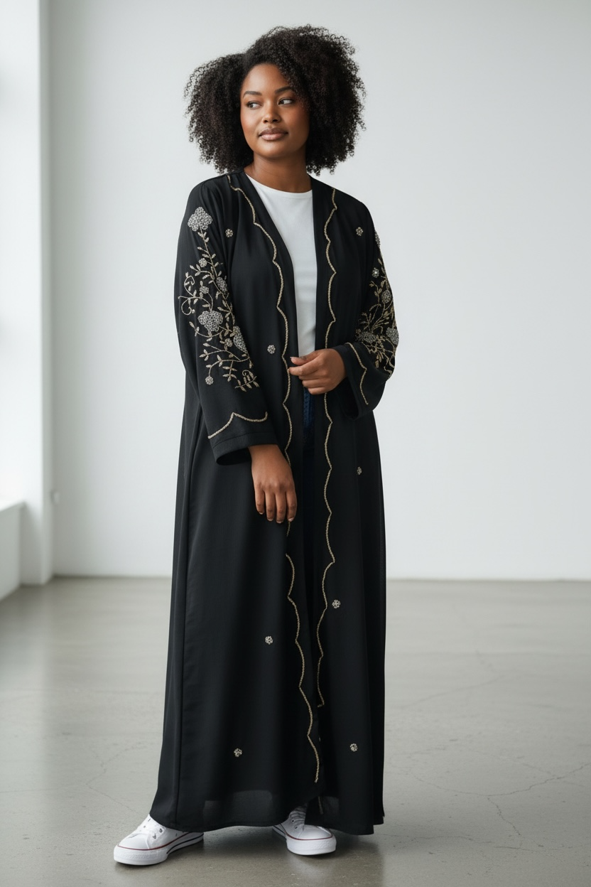Elegant modest black abaya with floral stone detailing on sleeves