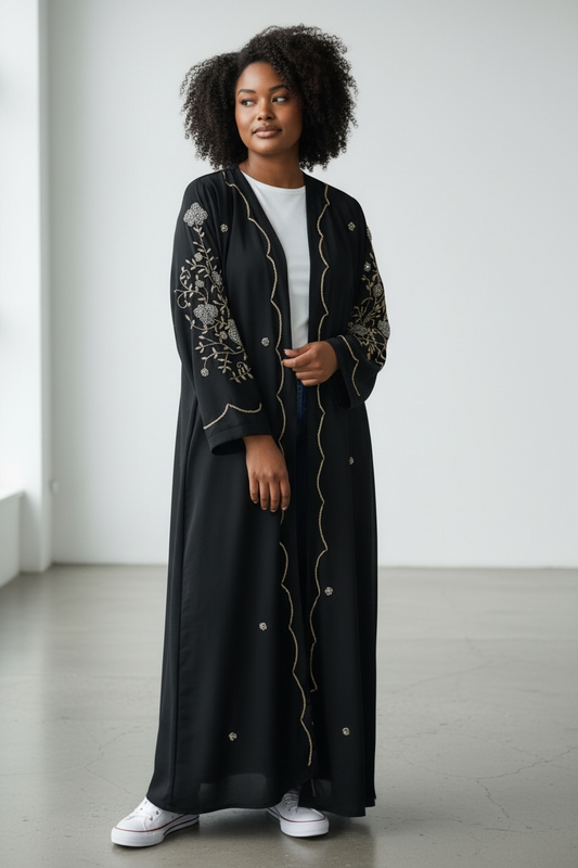 Elegant modest black abaya with floral stone detailing on sleeves