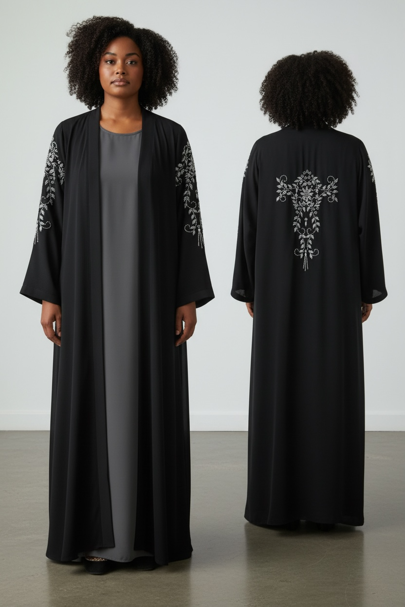 Black abaya with floral crystal stone sleeve embellishments and statement back design front view