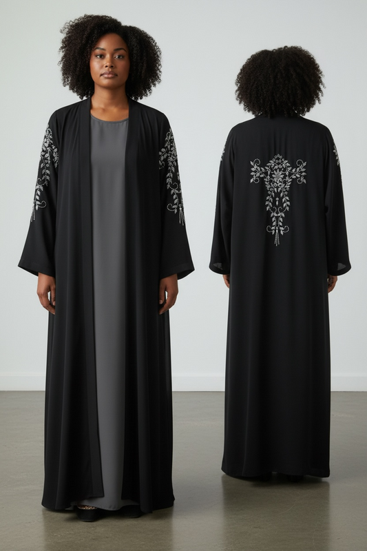 Black abaya with floral crystal stone sleeve embellishments and statement back design front view