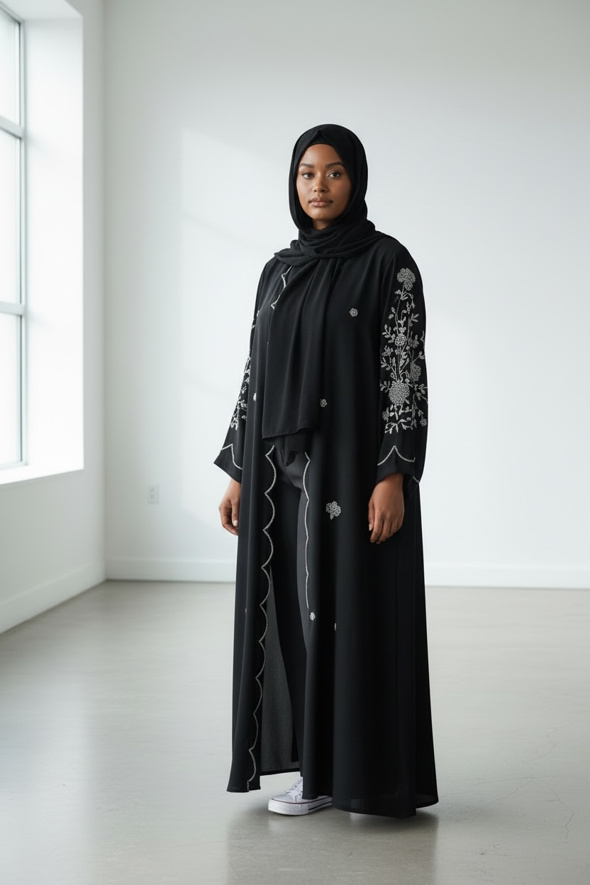 Black floral crystal stone abaya with sleeve embellishment front view