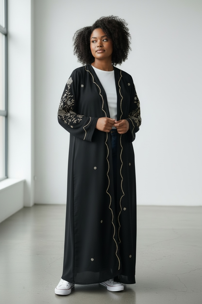 Close up of black abaya with floral crystal stone embroidery style detailing