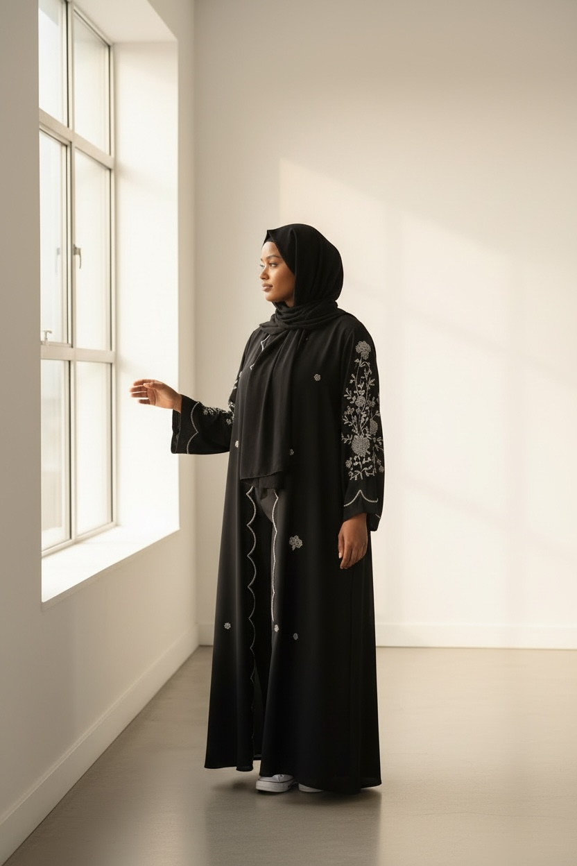 Luxury black abaya with floral crystal stone sleeve design side view