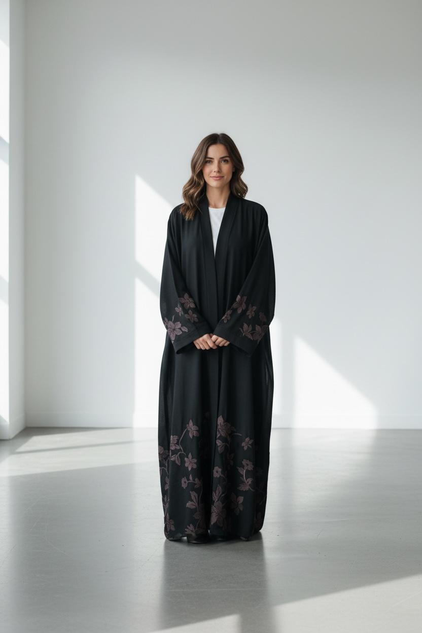 Black luxury abaya with floral embroidery on sleeves and hem modest fashion front view