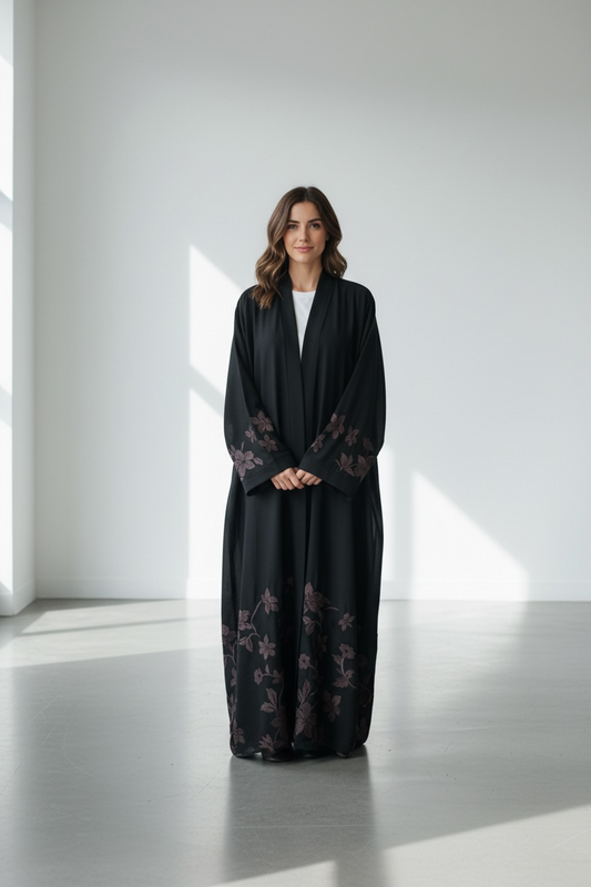 Black luxury abaya with floral embroidery on sleeves and hem modest fashion front view
