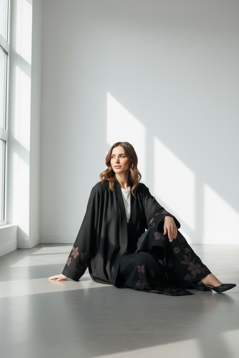 Elegant black embroidered abaya with floral sleeve and hem detailing seated model view