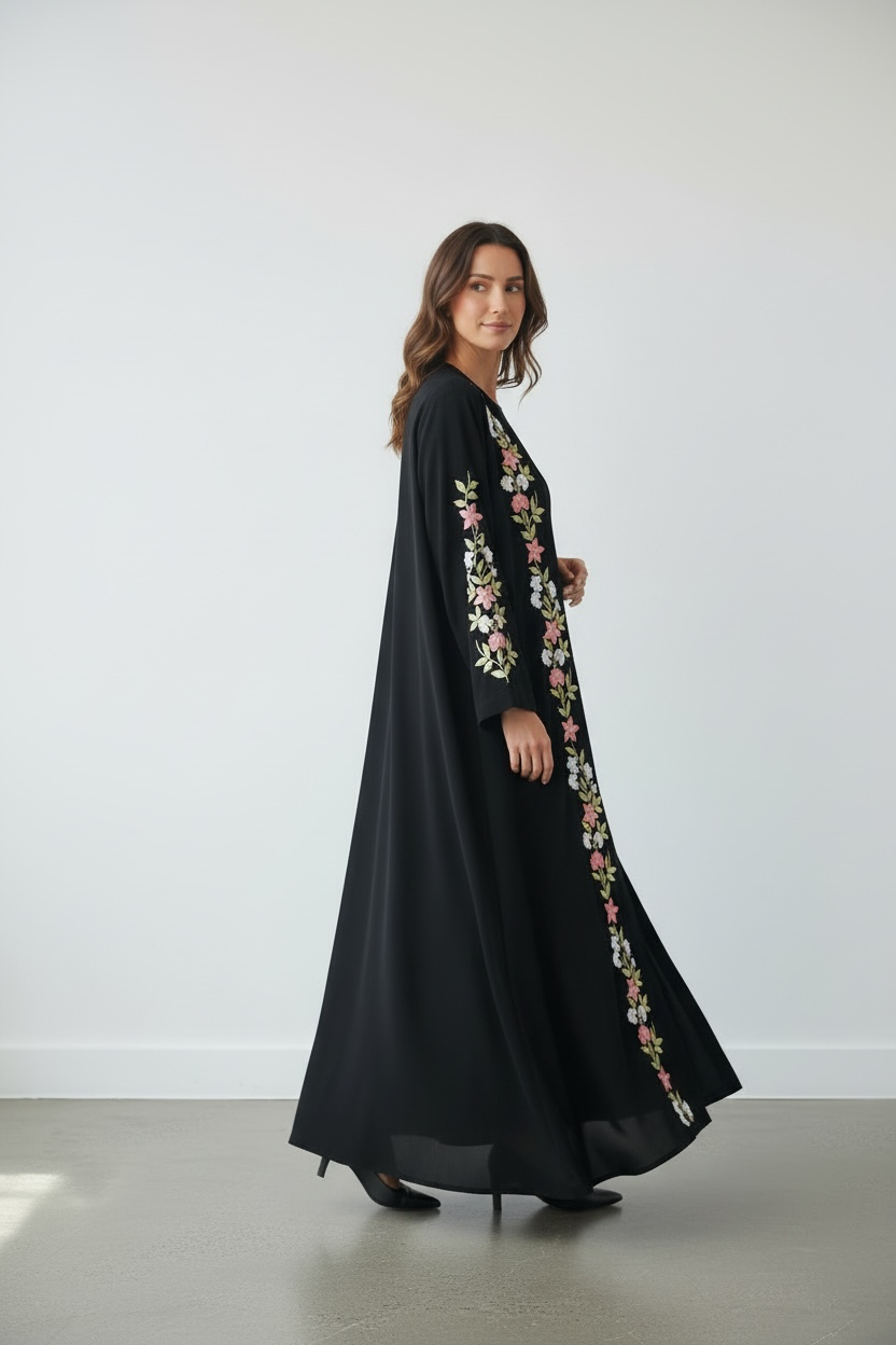 Side view black abaya with floral embroidery modest wear