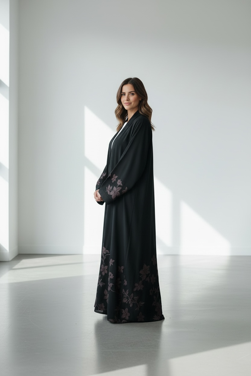 Black modest abaya with delicate floral embroidery on sleeves and lower hem side view