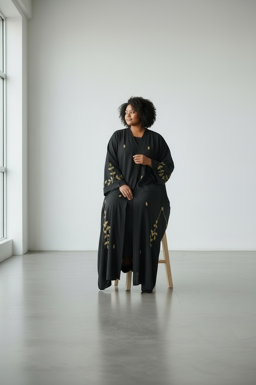 Black abaya with gold floral crystal stone embellishments modest fashion
