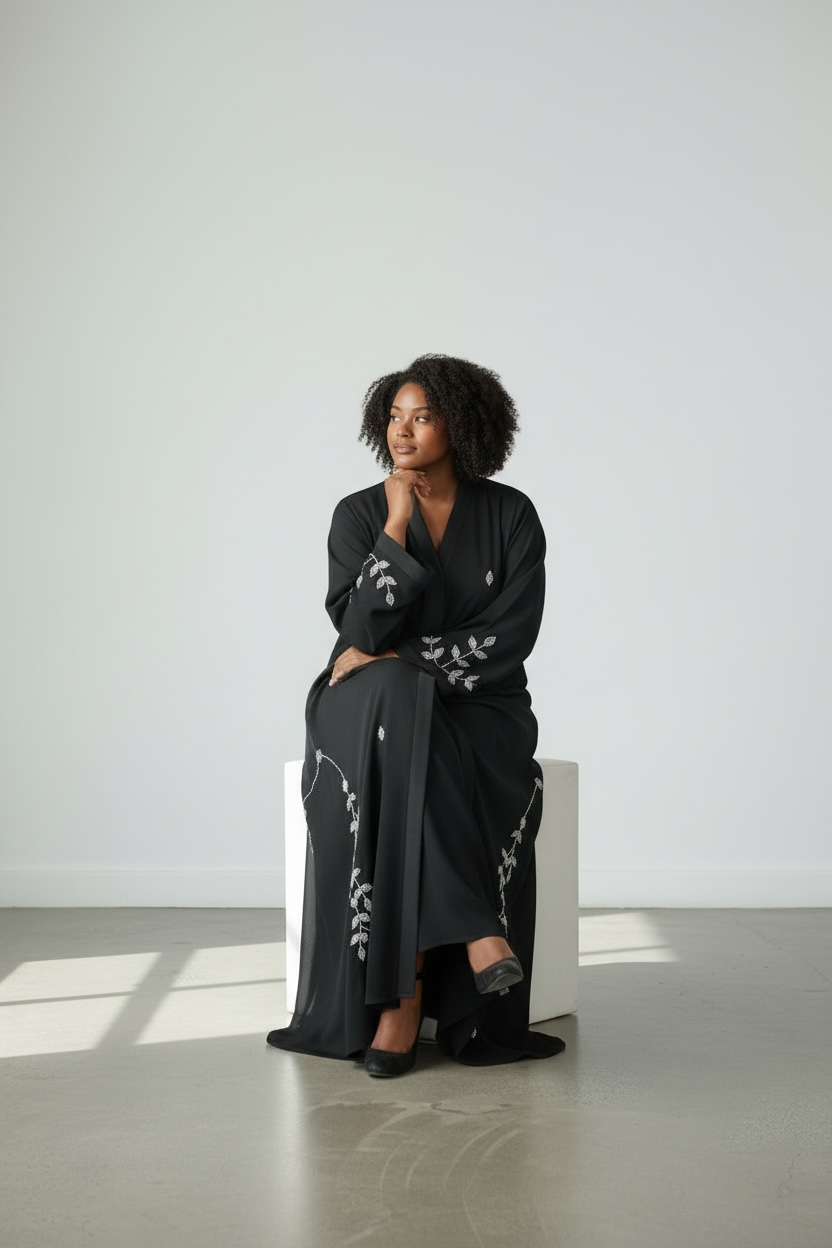 Luxury black abaya with cascading silver crystal stone embroidery style design