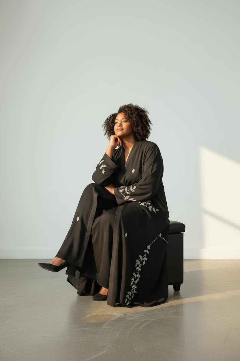 Elegant black abaya with silver floral stone detailing sitting pose