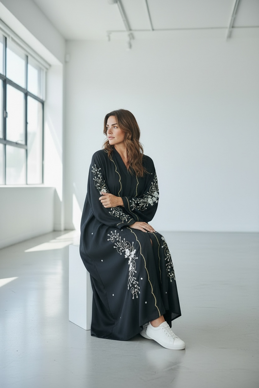 Elegant black abaya with floral stone work on sleeves and lower front modest fashion seated view